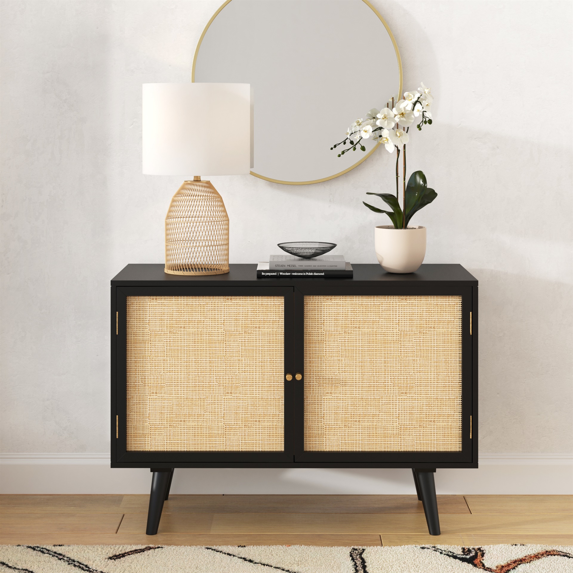 natural cane rattan plant and real mango wood sideboard with vintage peg handles and splayed legs from modern furniture store inmod - padstyle.com